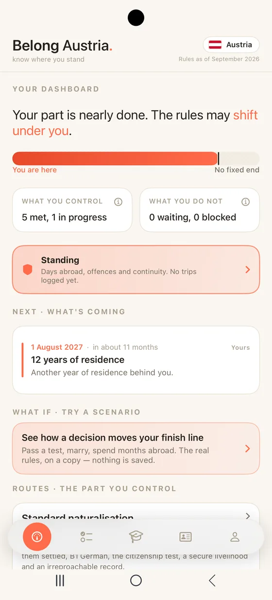 Belong Austria on Android: the Dashboard with What's coming